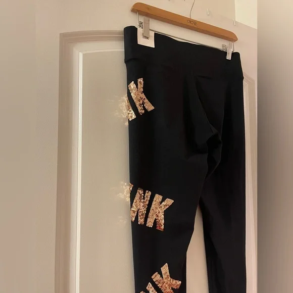 VS Pink Black Leggings with Gold Bling Sequin 'PINK'